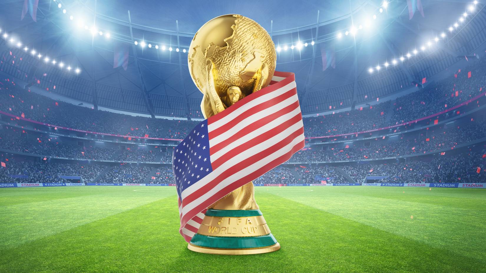 Una bandera estadounidense ondea alrededor del estadio de la Copa Mundial de la FIFA.